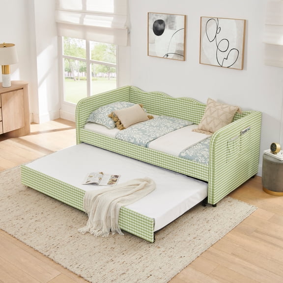 3-in-1 Convertible Twin Daybed with Pull-out Trundle & Storage Pockets,Green