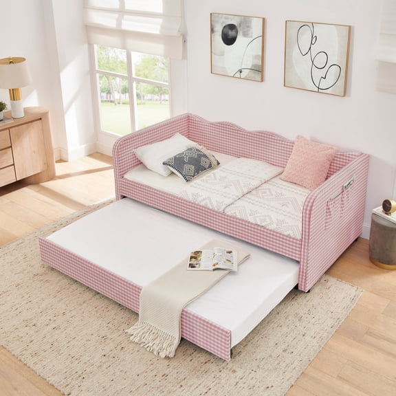 3-in-1 Convertible Twin Daybed with Pull-out Trundle & Storage Pockets,Pink
