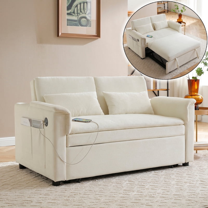 3-in-1 Convertible Velvet Pull Out Sofa Bed, Loveseat Chaise Sleeper Sofa with Adjustable Backrest, USB Ports & Side Pockets