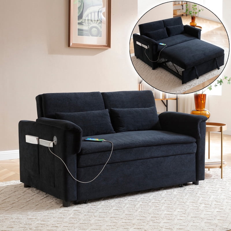 3-in-1 Convertible Velvet Pull Out Sofa Bed, Loveseat Chaise Sleeper Sofa with Adjustable Backrest, USB Ports & Side Pockets