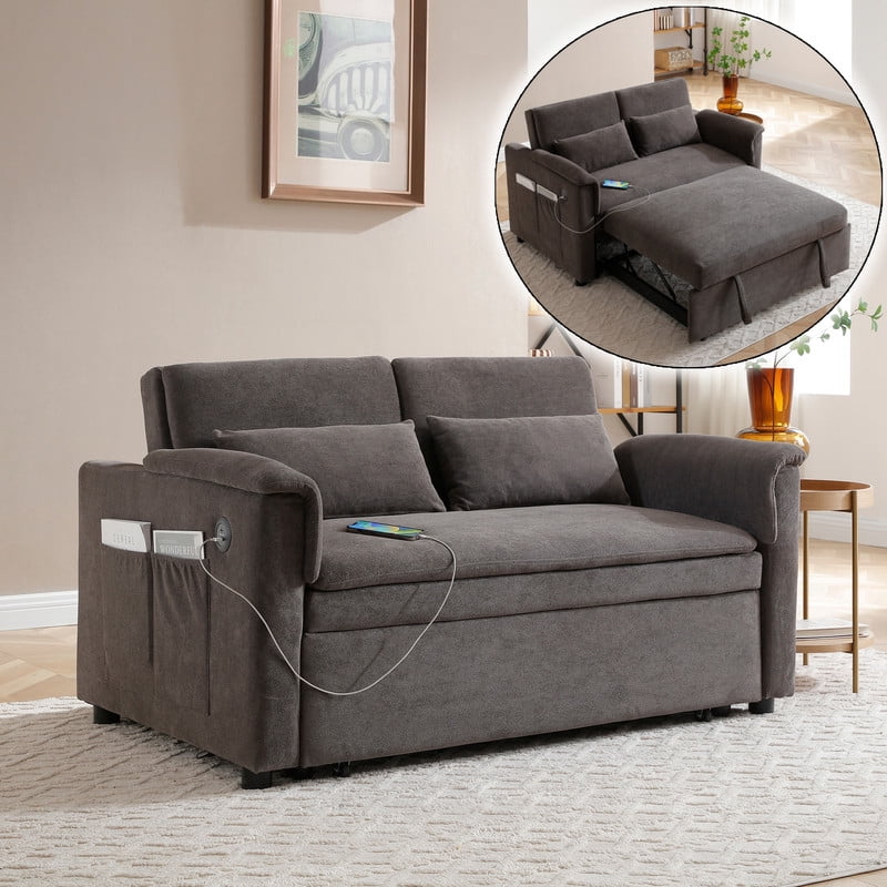 3-in-1 Convertible Velvet Pull Out Sofa Bed, Loveseat Chaise Sleeper Sofa with Adjustable Backrest, USB Ports & Side Pockets