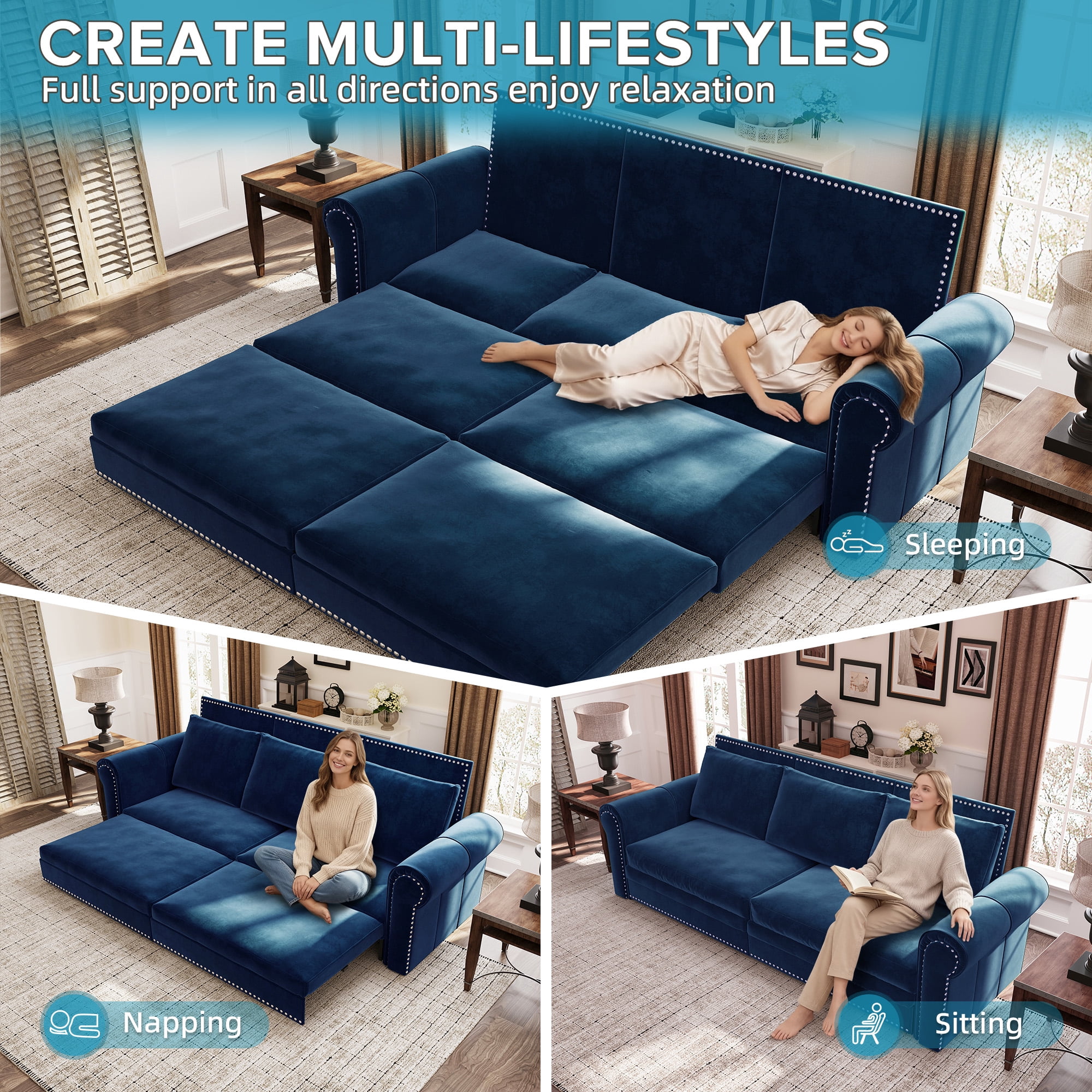 3-in-1 Convertible Velvet Sofa Bed, King Size Pull Out Sleeper Couch, Blue