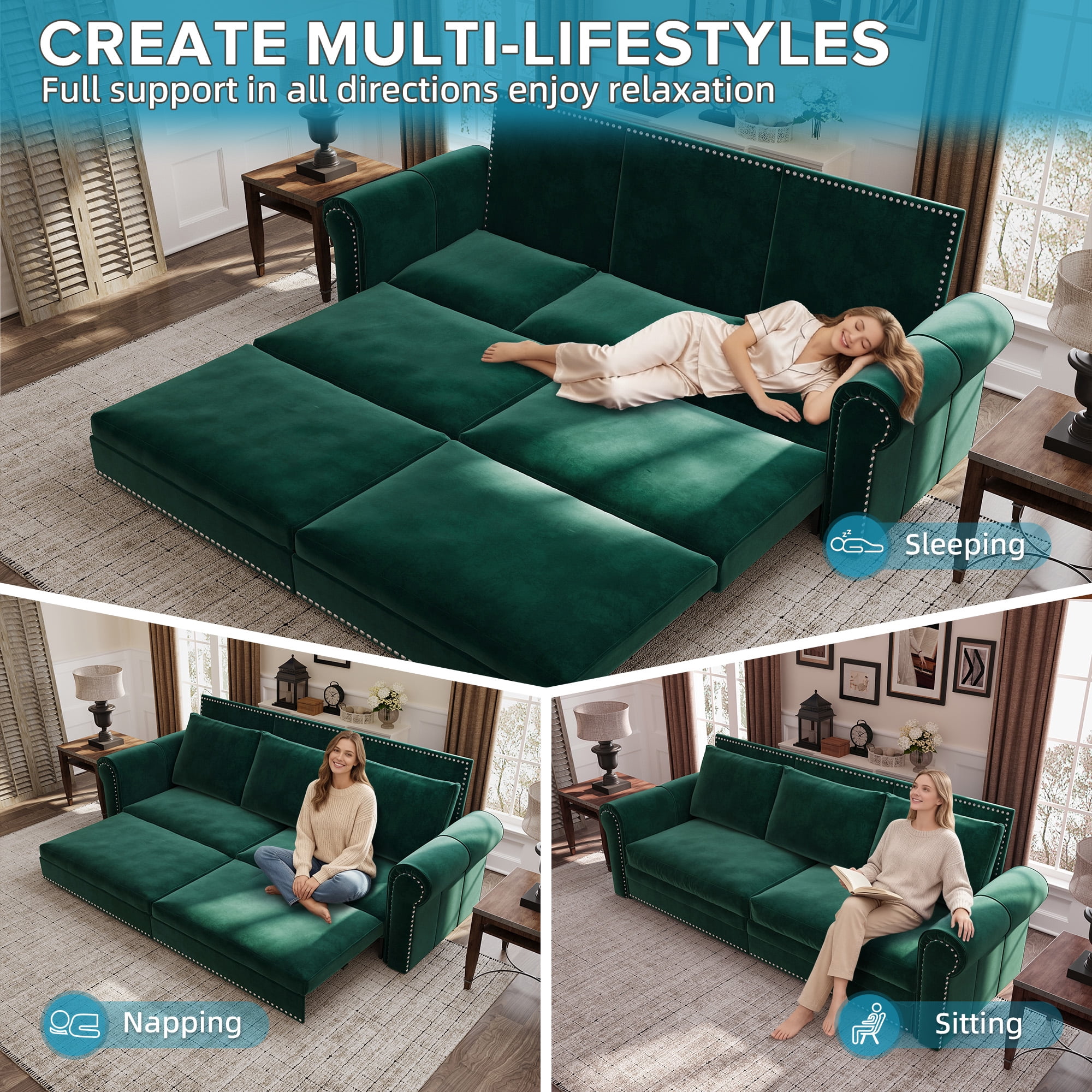 3-in-1 Convertible Velvet Sofa Bed, King Size Pull Out Sleeper Couch, Green