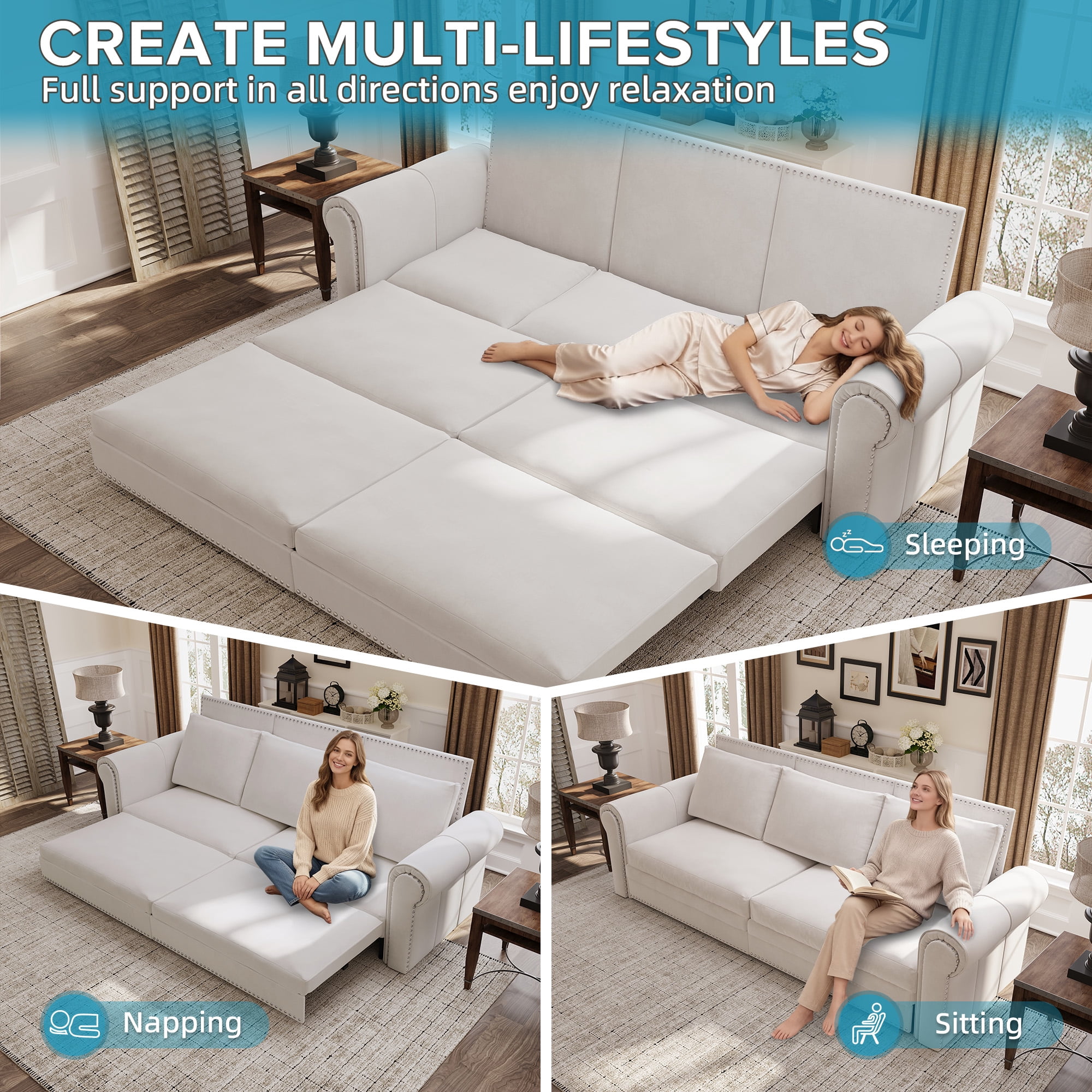 3-in-1 Convertible Velvet Sofa Bed, King Size Pull Out Sleeper Couch, White