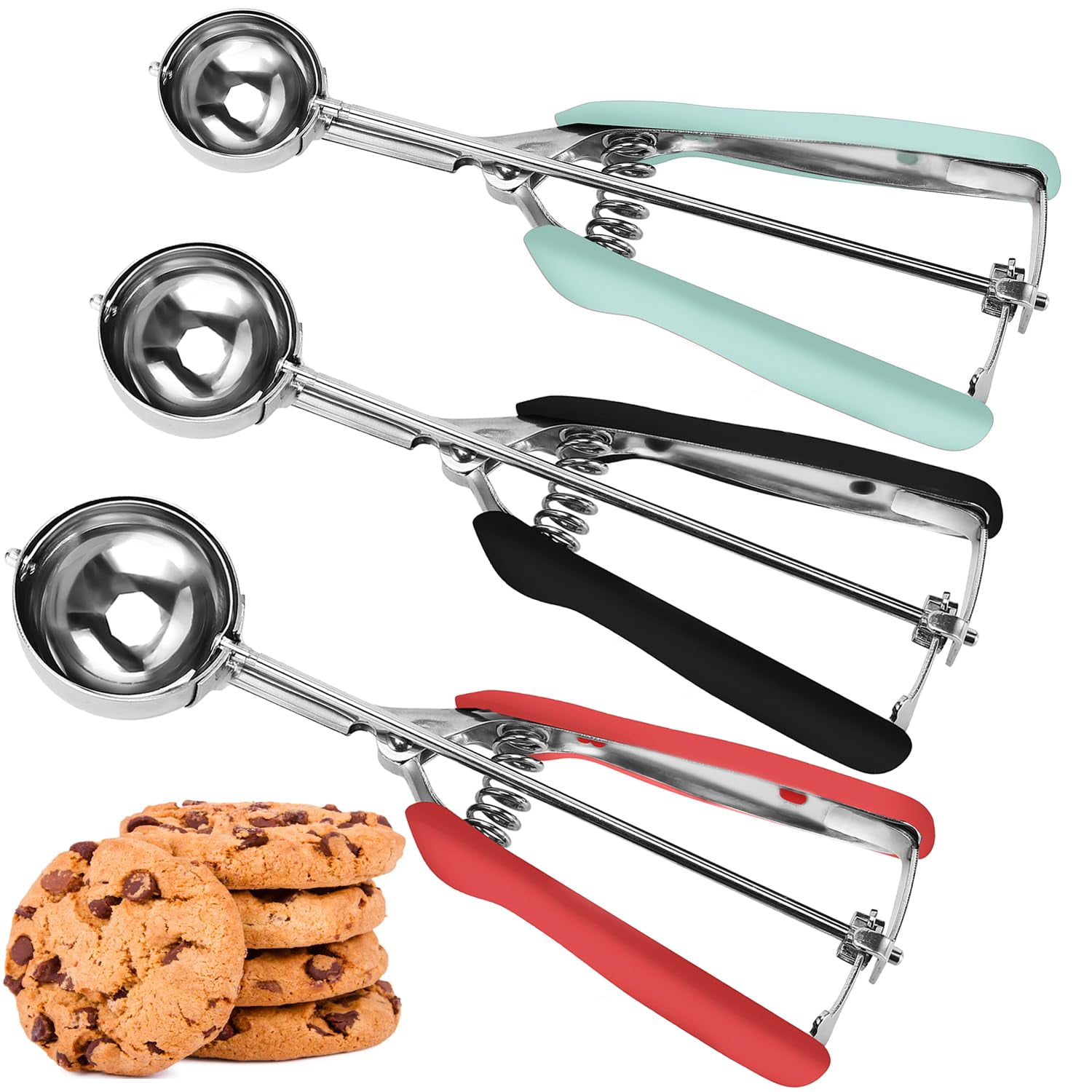 3-in-1 Cookie Scoop Set, Tablespoon Measuring Scoops for Baking, Durable Stainless Steel with Trigger Release, Perfect for Cookies Cupcakes Truffles, Mint Red Black