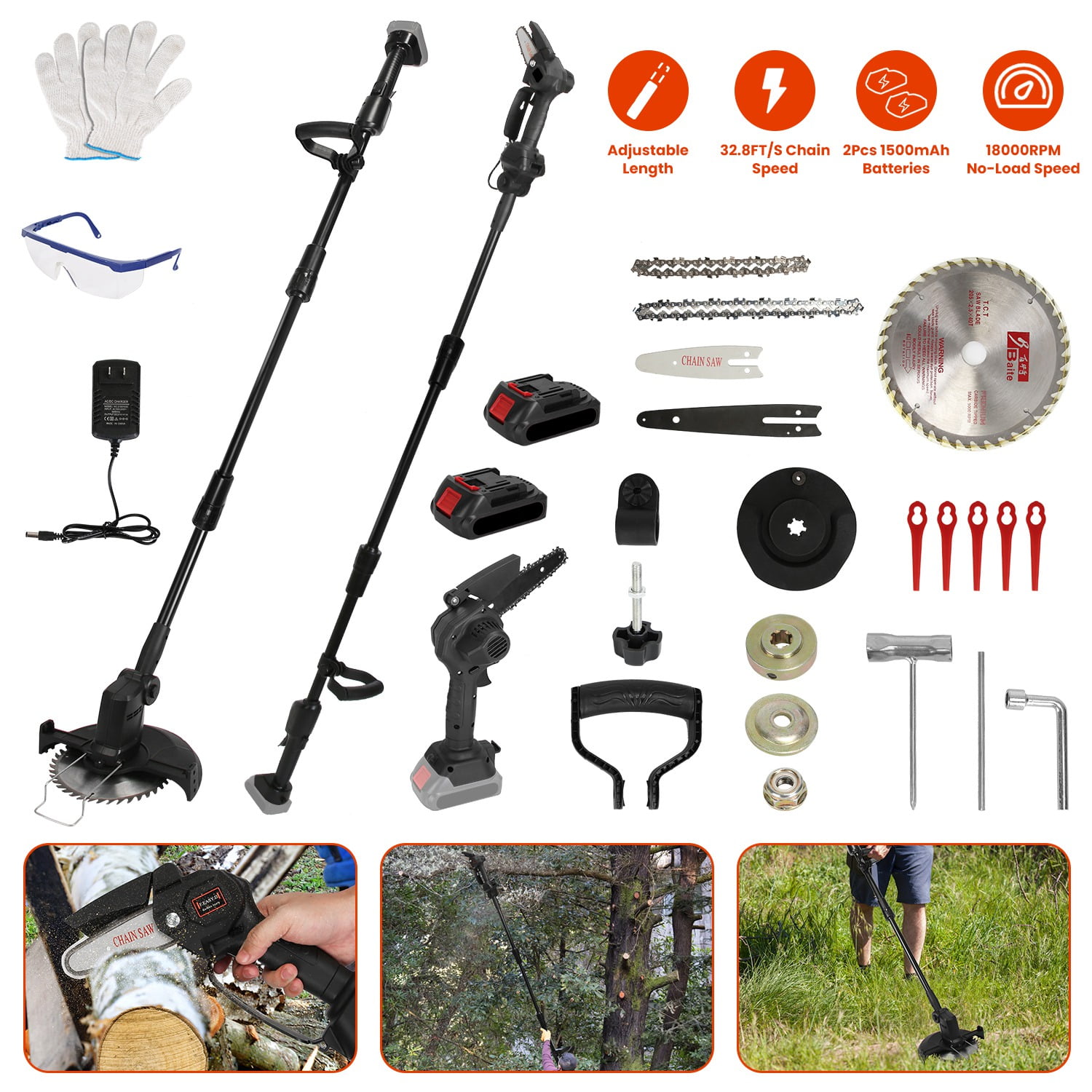 3 in 1 Cordless Electric Pole Saw. Mini Chainsaw, Grass Trimmer Kit