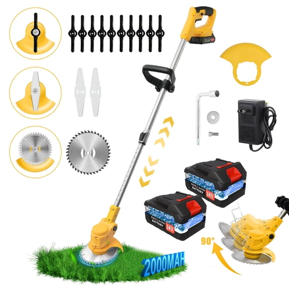 3-in-1 Cordless Grass Trimmer,11,000RPM,650W 2*2.0Ah Batteries Weed Wacker,24V Extendable Height&Adjustable Angle,3 Types Blades Weed Eater for Garden