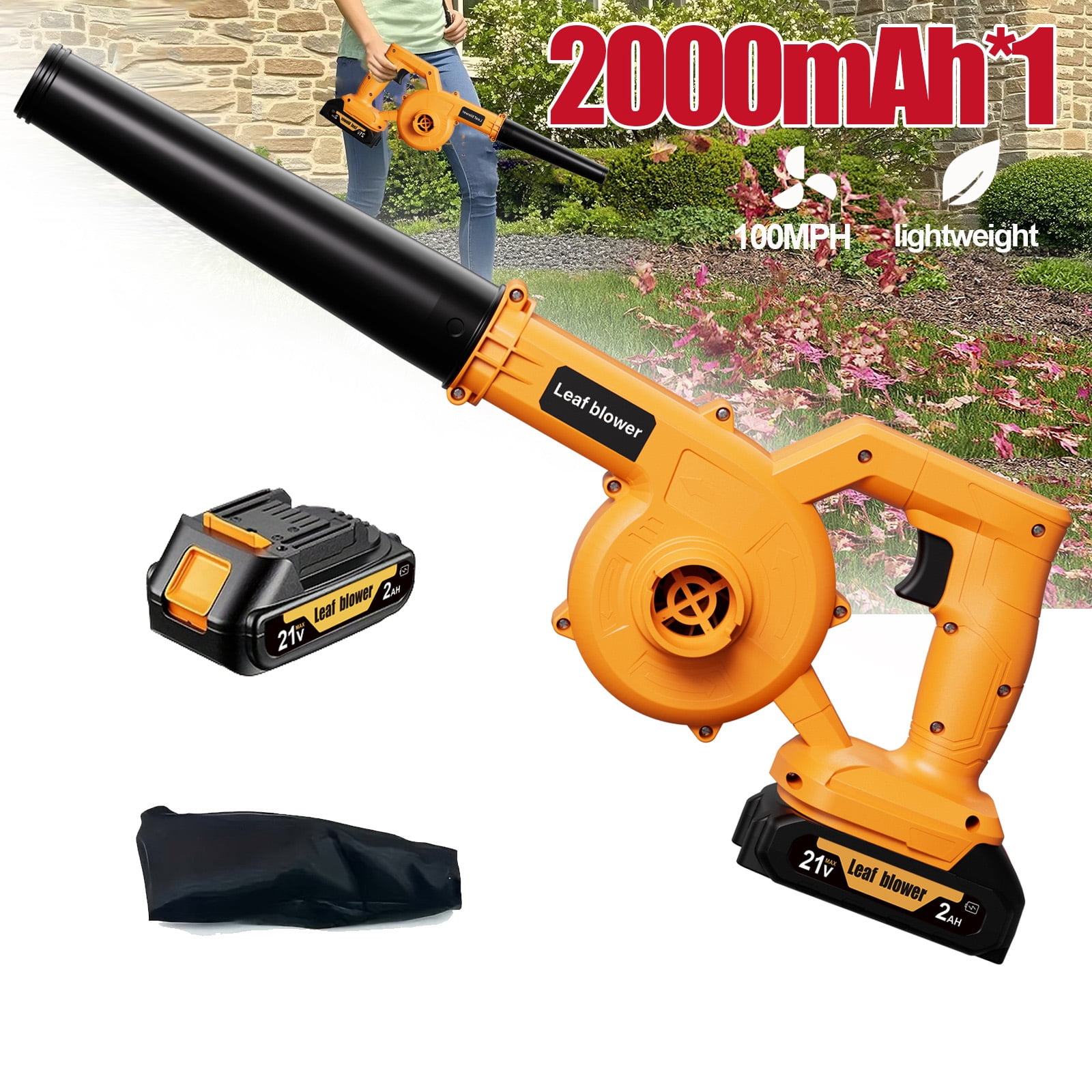 3-in-1 Cordless Leaf Blower & Vacuum with Bag Brushless Battery Powered Leaf Vacuum Mulcher with 1x2.0Ah Battery and Charger Leaf Blowers for DIY Vacuuming, Home / Vehicle Cleaning
