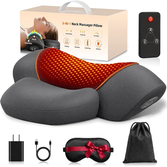 3 in-1 Cordless Neck Massager Pillow with Heat, Vibration, Remote Control