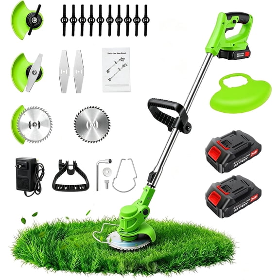 3-in-1 Cordless Weed Wacker 24V 650W String Trimmer Brush Cutter Lawn Edger with 2 Batteries Green