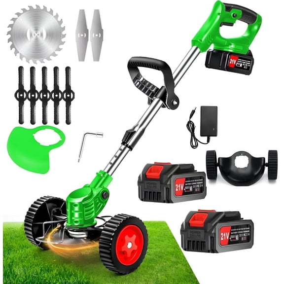 3-in-1 Cordless Weed Wacker with Wheels, 21V Battery Powered String Trimmer Lawn Edger with 2 Pcs Batteries & 6" Saw Blade