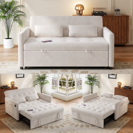 3-in-1 Corduroy Convertible Sofa Bed,Modern Couch with Pull Out Bed,Loveseat Sofa Bed with Pockets and USB for Small Spaces,Beige