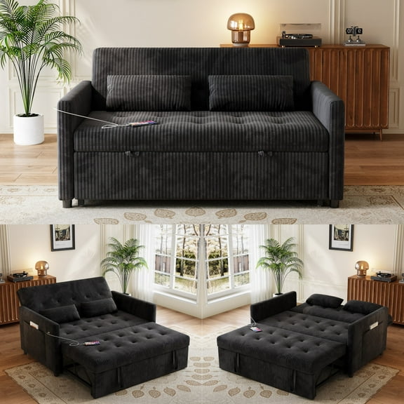 3-in-1 Corduroy Convertible Sofa Bed,Modern Couch with Pull Out Bed,Loveseat Sofa Bed with Pockets and USB for Small Spaces,Black