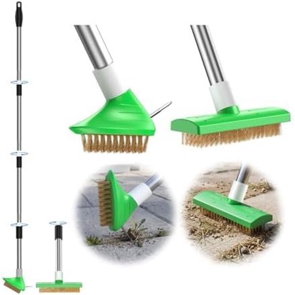 3-in-1 Crack Weeder Tool, Adjustable Long Handle Moss Remover with Wire Brush & Scraper, Stainless Steel Crevice Weeding Puller for Sidewalk, Driveway, Patio, Pavers, Garden