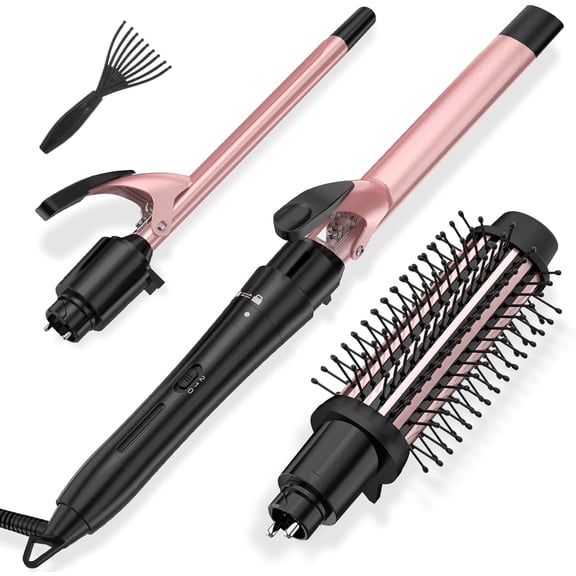 3-in-1 Curling Set: Heated Brush, Curling Iron (3/4, 1, 1 1/2 inch), Oval Wands - Dual Voltage