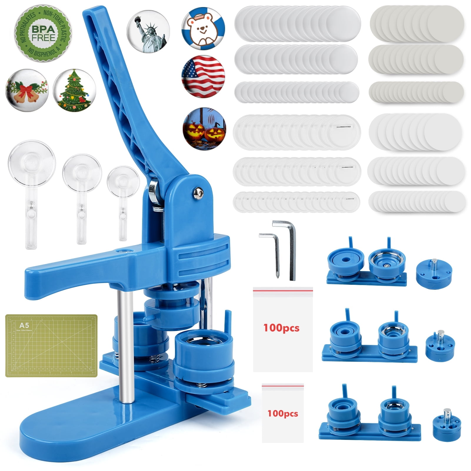 3 in 1 DIY Pin Button Maker Machine 25/32/58mm Badge Press Machine w/300pcs Parts+Cutting Mat，Blue