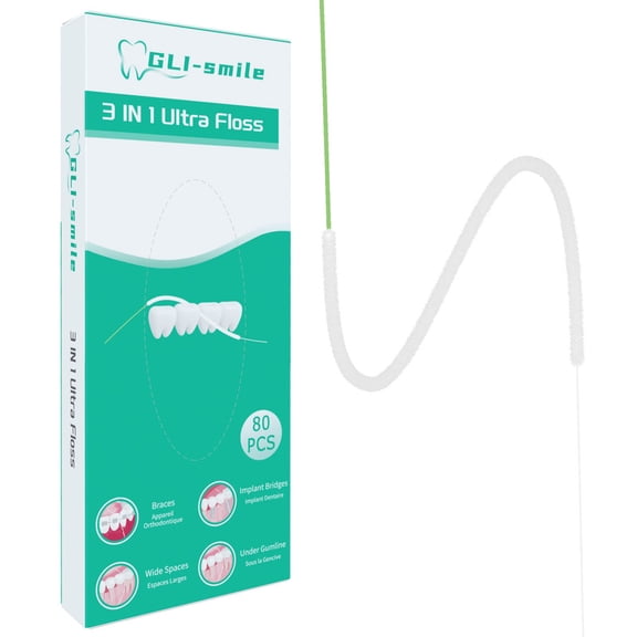 3 in 1 Dental Floss, Ultimate Floss, Floss with Threader, Bridge flossers, for Retainer, Braces, Pre-Cut Strands, 80 Count