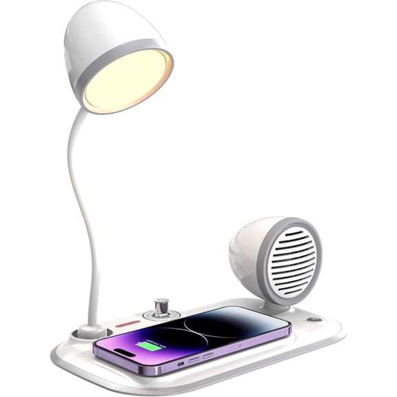3-in-1 Desk Lamp with 15W Wireless Charger & Wireless Speaker, 360° Adjustable Gooseneck LED Light with 3 Color Temperatures, Dimmable for Home Office, Bedroom, Study, Craft Station(White)