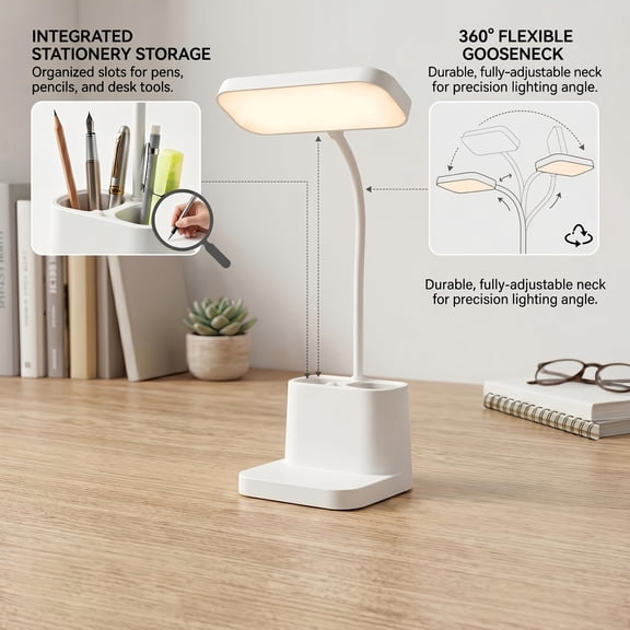 3-in-1 Desk Lamp with Pen Holder & Phone Stand, Flexible Gooseneck Table Light, Small Desk Organizer Accessories, Aesthetic Room Decor for Home Office, College Dorm Essentials, Practical Gift