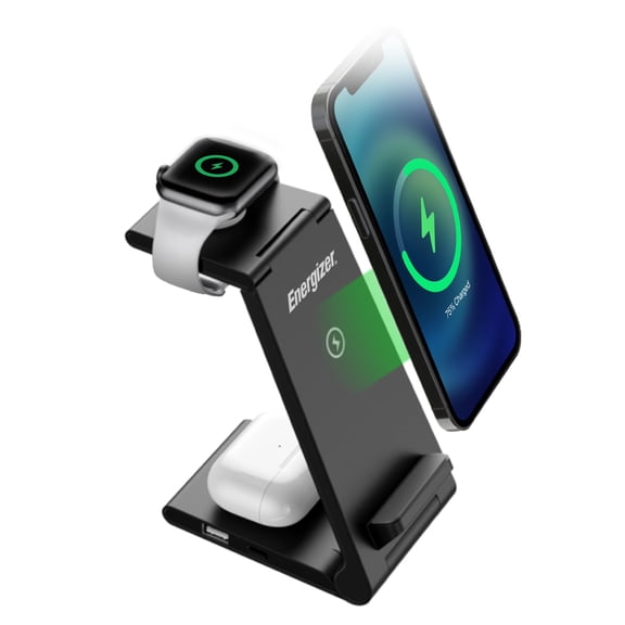 Energizer 3-in-1 Wireless Charging Station, 10W Fast Charging, Qi Compatible Phone, Earbuds & Smartwatch Dock, Black