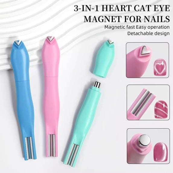 3-in-1 Detachable Heart Cat Eye Nail Magnet Tool, Multi-Function Magnetic Nail Art Wand for Creating Heart, Line & 3D Effects with Cat Eye Gel Polish, Home & Salon Manicure Use