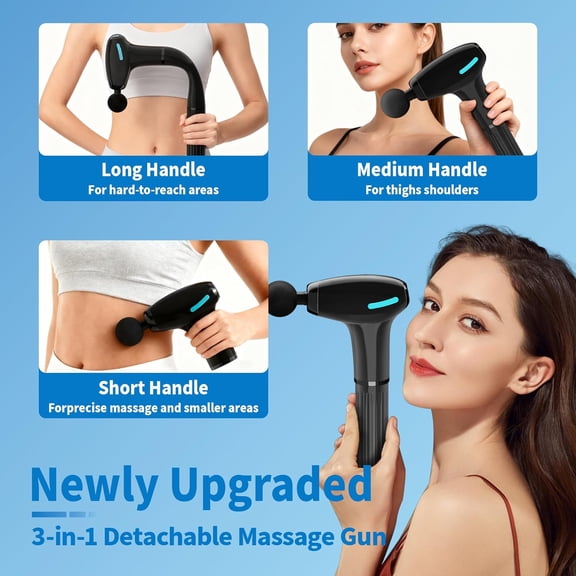 3-in-1 Detachable Massage Gun with Extension Handle, Long Handle Back Massager Deep Tissue, 4 Heads, 4 Speeds, Pressure Sensor, 1200 mAh Rechargeable, 10-Min Auto-Off (Black Plus)