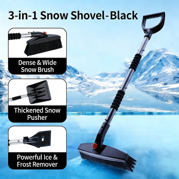 3-in-1 Detachable Snow Brush and Ice Scraper with Telescoping Handle, All-in-One Car Snow Removal Tool with Foam Grip, Windshield Snow Brush and Heavy Duty Scraper for Winter Emergency Kit