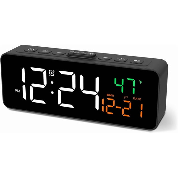 3-in-1 Digital Clocks for Living Room with Temperature, Date & Time Display - 4 Levels Birghtness, 3 Volumes, Small Compact Plug-in Alarm Clock Bedroom, Office (Black)