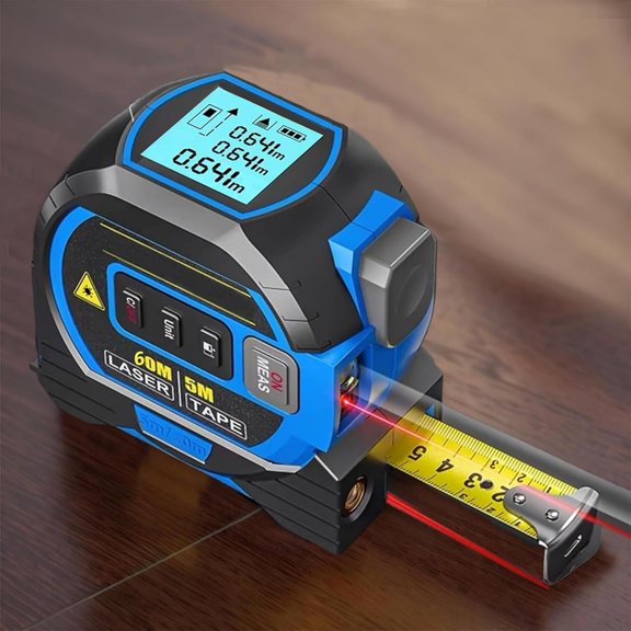 3-in-1 Digital Measuring Laser Tape Measure:196Ft/60m Digital Measuring Tape with Screen Display, 16ft/5m Retractable Tape Measures, Pythagorean, Area, Volume, Ft/Ft+in/in/M Unit (Blue)