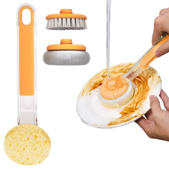 3-in-1 Dish Brush with Handle,NonStick Pan Scrubber with 2 Replacement Heads,Kitchen Scrub Brush for Stove Degreasing,Dishes,Pots,Sinks,Durable Dish Scrubber for Cookware,Household Cleaning Brush