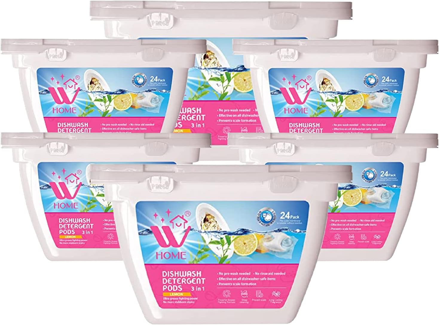 3-in-1 Dishwasher Pods - 144 Count Total, 24 Pods/Each - Enzyme-Powered Free & Clear Detergent for Residue-Free Dishes - Pack of 6