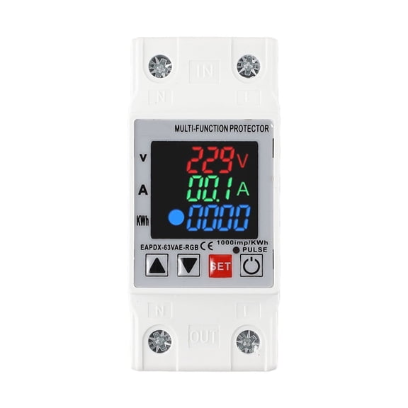 3-in-1 Display DIN Rail Adjustable Over Voltage Current Under Voltage Protective Device 63A 230V AC Protector Relay with Voltage Current kWh Meter for Industrial Electrical Systems, G