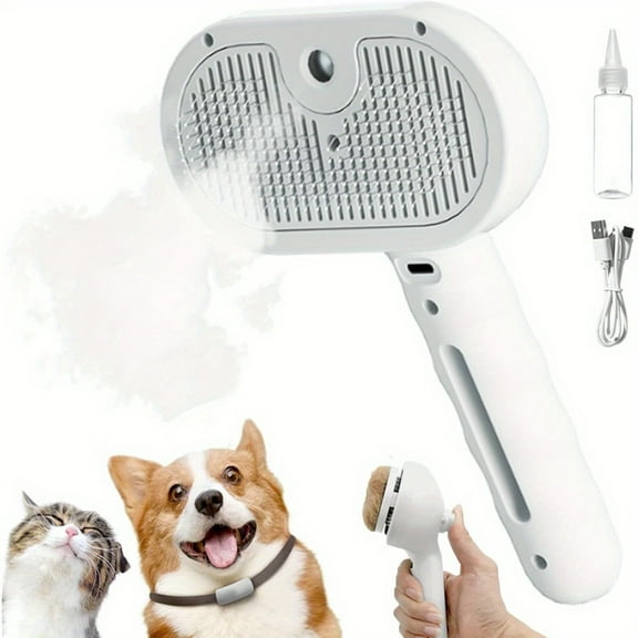 3-in-1 Dog Brush - One-Touch Spray & Shedding Comb - Metal/Stainless for All Dogs (White, Renu System Compatible)