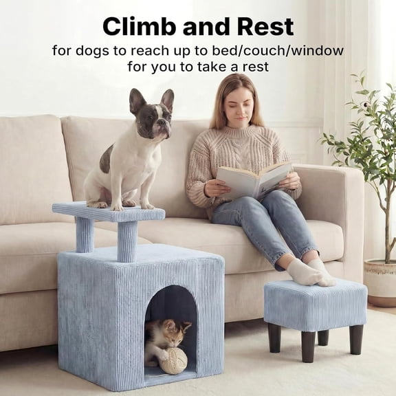 3-in-1 Dog Cat Stairs with Cave Condo and Footstool, Non-Slip Pet Steps for Bed Couch, Portable Small Pet Ramp for Senior Dogs Cats