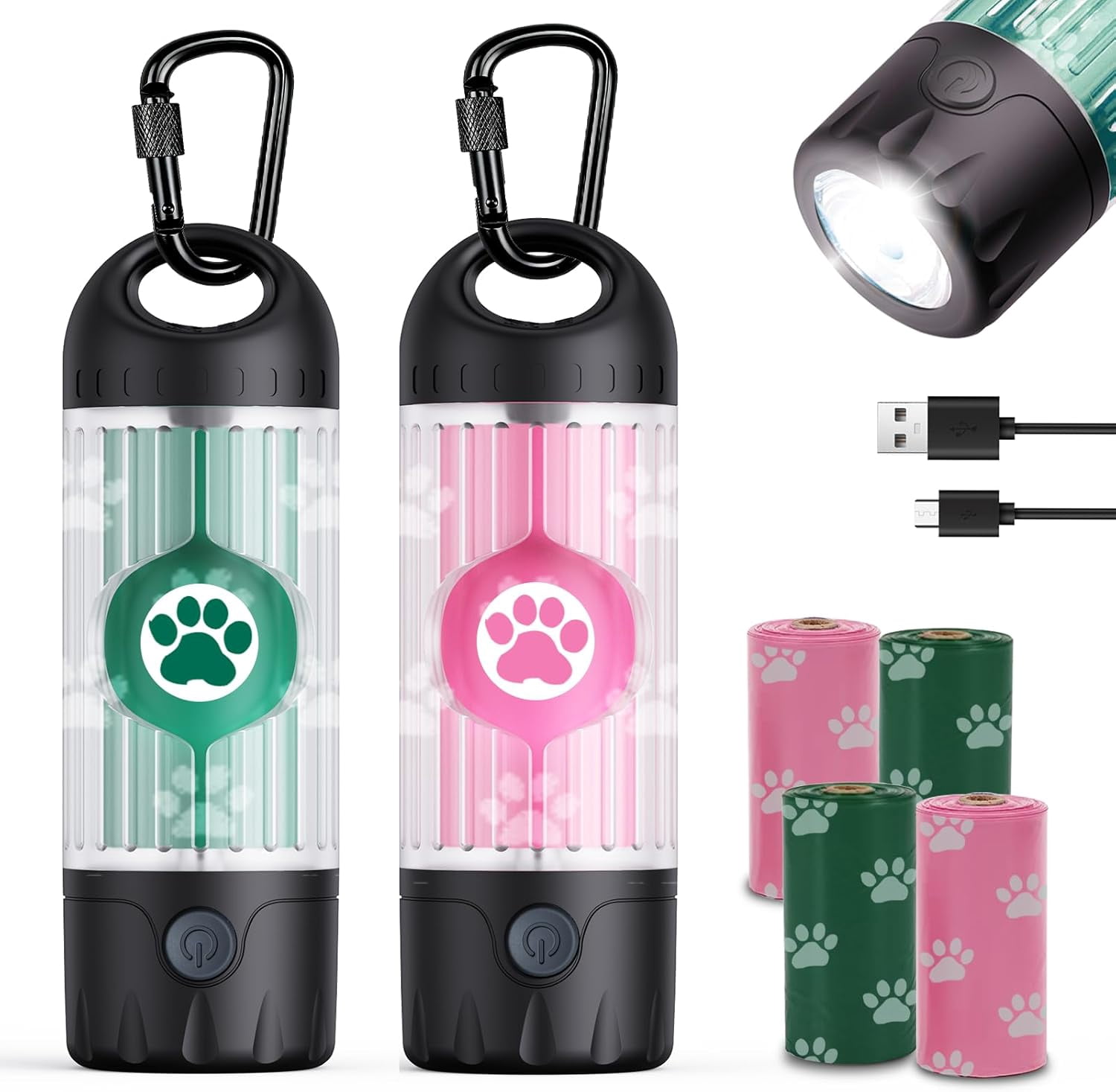 3-in-1 Dog Poop Bag Holder with Flashlight 7-Color, USB-C Rechargeable doggie bag holder for leash, IPX6 Waterproof Anti-Slip Clip Pet Waste Bag Dispenser for Walking (2 Dispensers, 60 Bags)