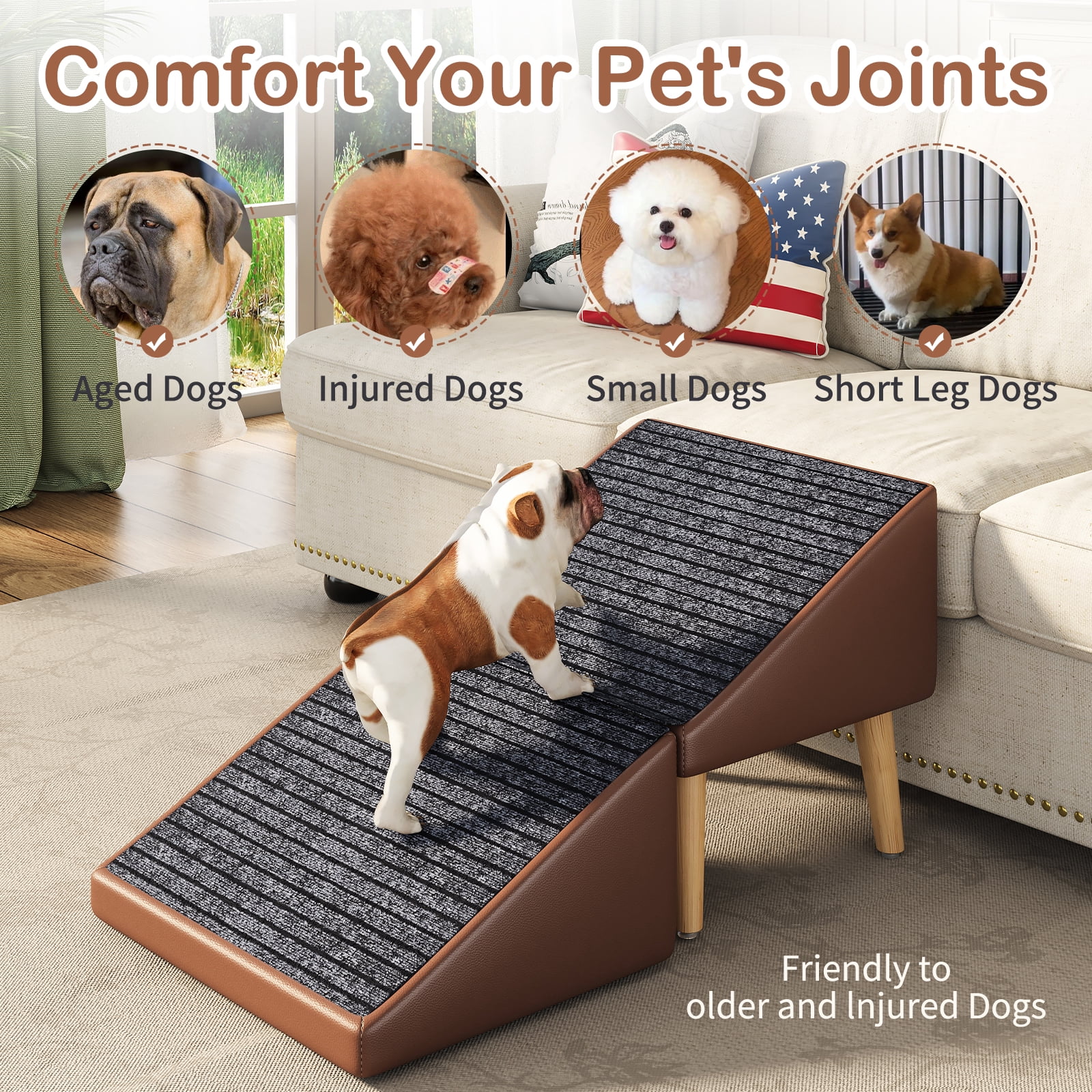 3-in-1 Dog Ramp 18.89"×17.91"×20.08" with Storage – Pet Stairs for Senior & Injured Dogs & Cats, Hidden Storage Footstool, Ottoman Anti-Slip, Supports 265 lbs for Beds & Sofas (BROWN Color)