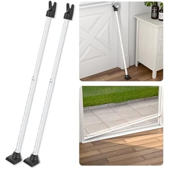 3-in-1 Door Security Bar & Sliding Patio Door Security Bar (2 Pack) via Interchangeable Caps - Heavy Duty Iron Door Stoppers for Home, Apartment, Travel Hotel, Sliding Windows - White
