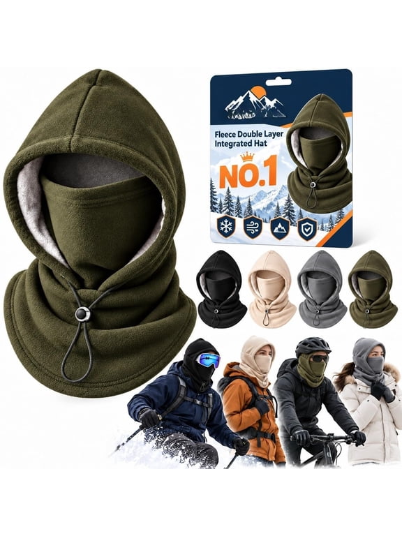 3-in-1 Double Layer Fleece Hooded Hat, One-Piece Windproof Winter Balaclava Hood, Face Cover Neck Gaiter, Adjustable Drawstring