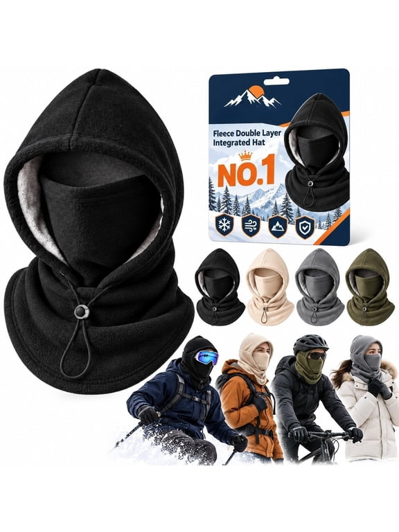 3-in-1 Double Layer Fleece Hooded Hat, One-Piece Windproof Winter Balaclava Hood, Face Cover Neck Gaiter, Adjustable Drawstring