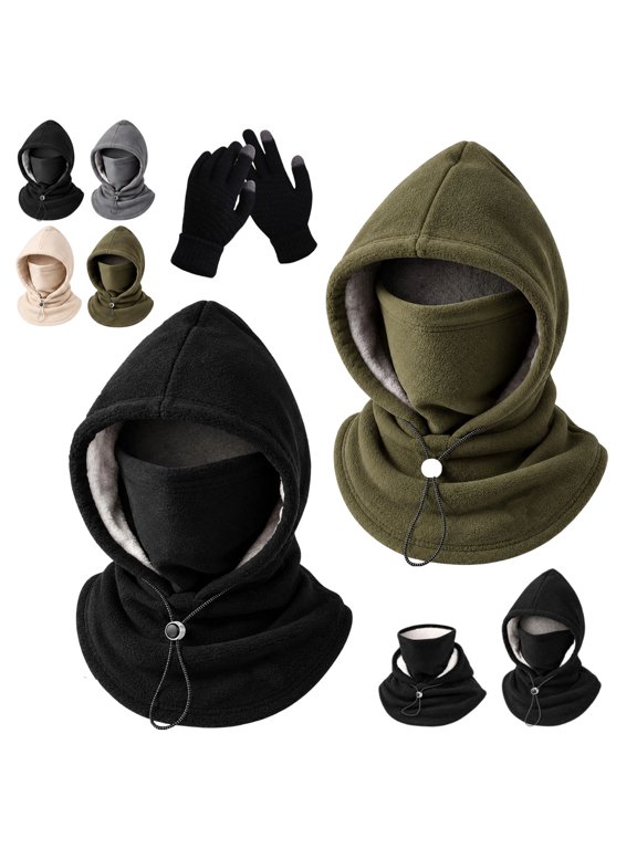 3in1 DoubleLayer Fleece Integrated Winter Hat, Windproof Balaclava Hood with Drawcord Toggle, AllinOne HatScarfFaceCover for Cold Weather(2Pcs/A)