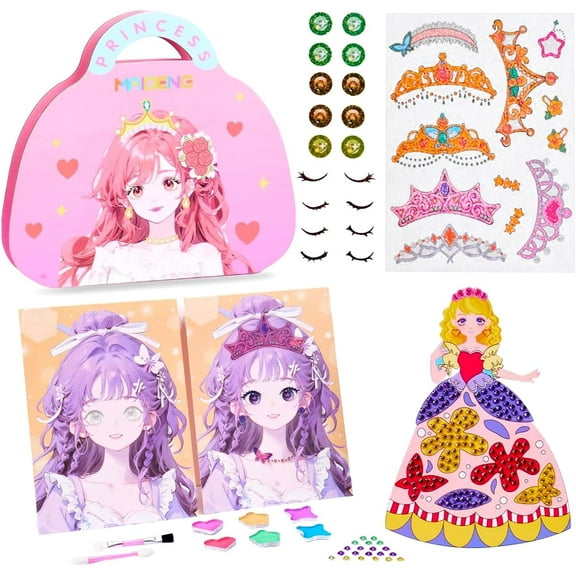 3-in-1 Dress Up Game Set: Gilrs Fashion Makeup, Stickers, Diamond Painting, Princess Role-Playing Art Toys, Ideal Birthday Easter Gift for Kids Ages 4 5 6 7 8 9+ ,Easter Basket Stuffers
