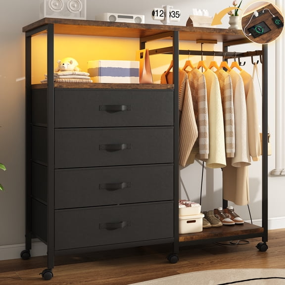 3-in-1 Dresser with Clothes Rack, 4 Drawers, Charging Station, LED Lights, and Wheels, Rustic Brown Storage Chest for Bedroom, Living Room, Hallway(Ember Brown)