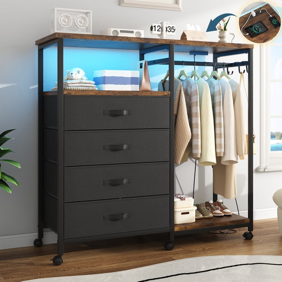 3-in-1 Dresser with Clothes Rack, 4 Drawers, Charging Station, LED Lights, and Wheels, Rustic Brown Storage Chest for Bedroom, Living Room, Hallway(Ember Brown)