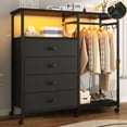 thumbnail image 1 of 3-in-1 Dresser with Clothes Rack, 4 Drawers, Charging Station, LED Lights, and Wheels, Rustic Brown Storage Chest for Bedroom, Living Room, Hallway（Textured Matte Black）, 1 of 10