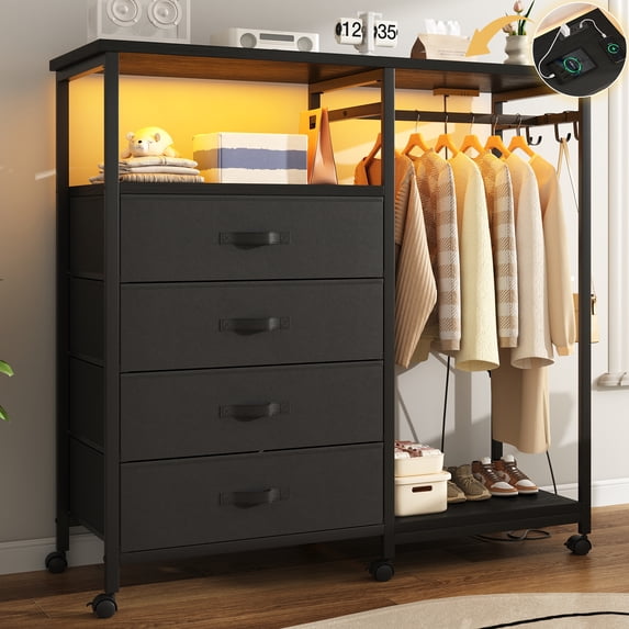 3-in-1 Dresser with Clothes Rack, 4 Drawers, Charging Station, LED Lights, and Wheels, Rustic Brown Storage Chest for Bedroom, Living Room, Hallway(Textured Matte Black)