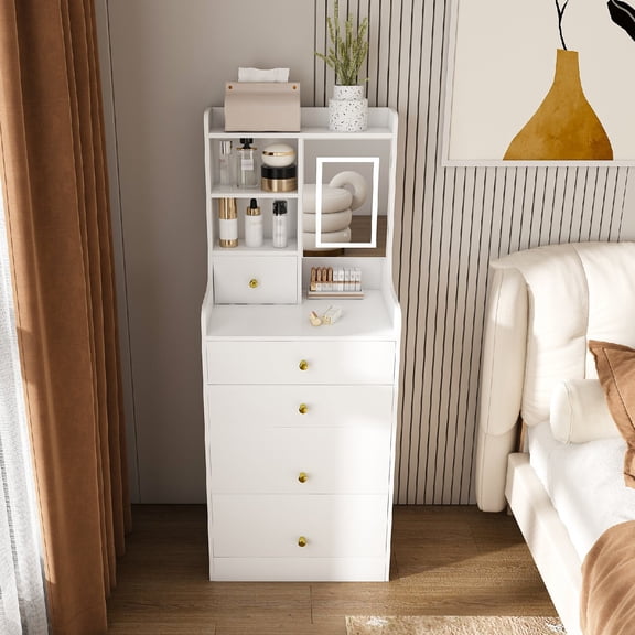 3-in-1 Dressing Table with LED Mirror and Storage Stool , Compact Makeup Vanity with 4 Drawers Storage Cabinet and Hidden Stool, Density Board Design, Open Bookshelf for Bedroom Organization,White