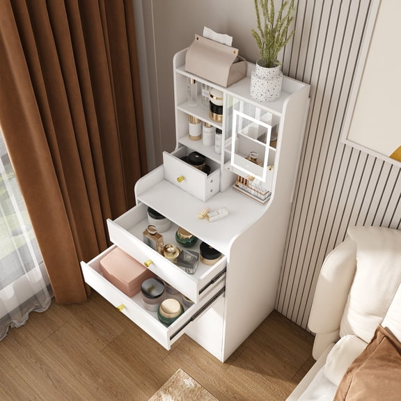 3-in-1 Dressing Table with LED Mirror & Storage Stool - Compact Makeup Vanity with 4 Drawers, Storage Cabinet & Hidden Stool, White Density Board Design, Open Bookshelf for Bedroom Organization