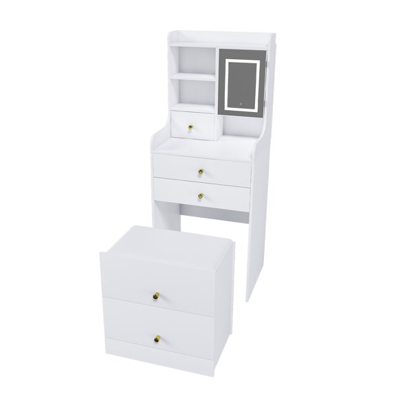 3-in-1 Dressing Table with LED Mirror & Storage Stool - Compact Makeup Vanity with 4 Drawers, Storage Cabinet & Hidden Stool, White Density Board Design, Open Bookshelf for Bedroom Organization