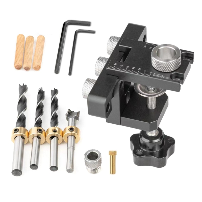 3 in 1 Drilling Locator Puncher Tool,Doweling Jig Drill Kits with 8/10/15mm Hole,Pocket Hole Jig Kits,3 Holes Joints Tool