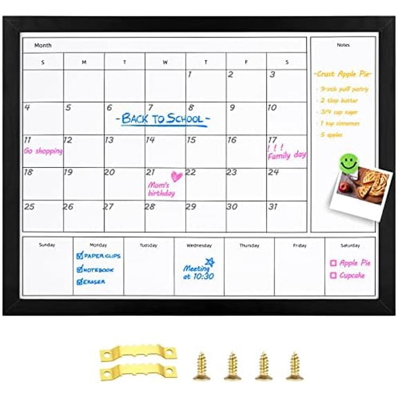3-in-1 Dry Erase Calendar for Wall, 17x13 inches Magnetic Surface Monthly & Weekly Planner Whiteboard, Dry Erase Board with Black Wood Frame, Hanging White Board Calendar(YL+ZL-BK,4333)